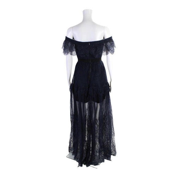 NWT SELF-PORTRAIT Navy Blue Off the Shoulder Fine Lace Maxi Dress US 2 Formal - Picture 13 of 16